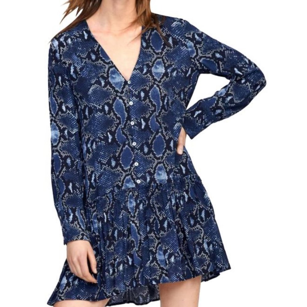 SOLD Zara Blue Snake Print V Neck Button Front Dress S - Picture 10 of 11